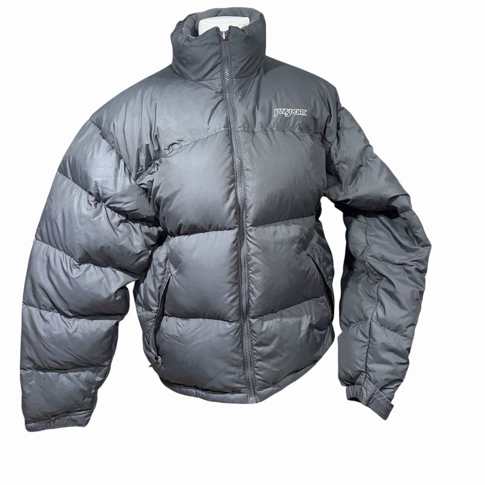 JanSport Men’s XL Duck Down Puffer Jacket Gray Winter Coat Zip Pockets Retro
